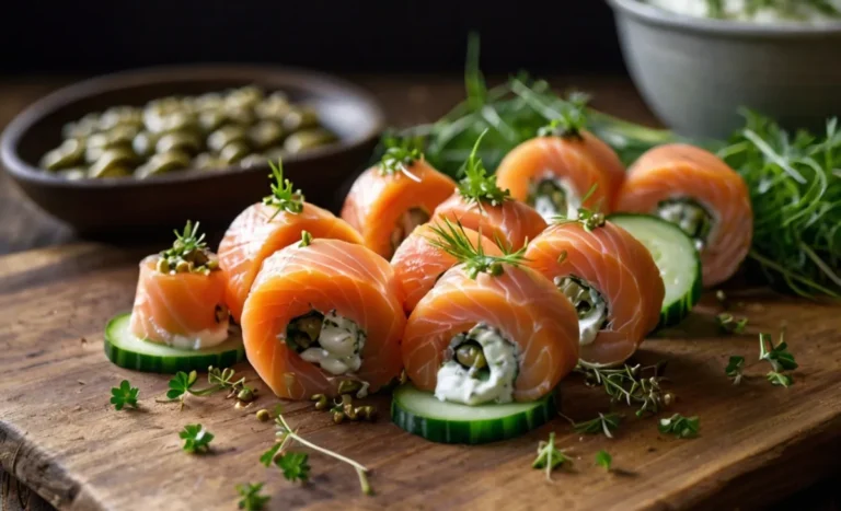 smoked salmon roulade on cucumber