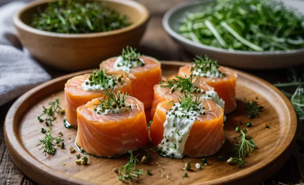 smoked salmon roulade on cucumber