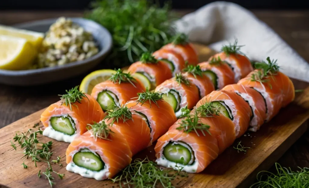 smoked salmon roulade on cucumber