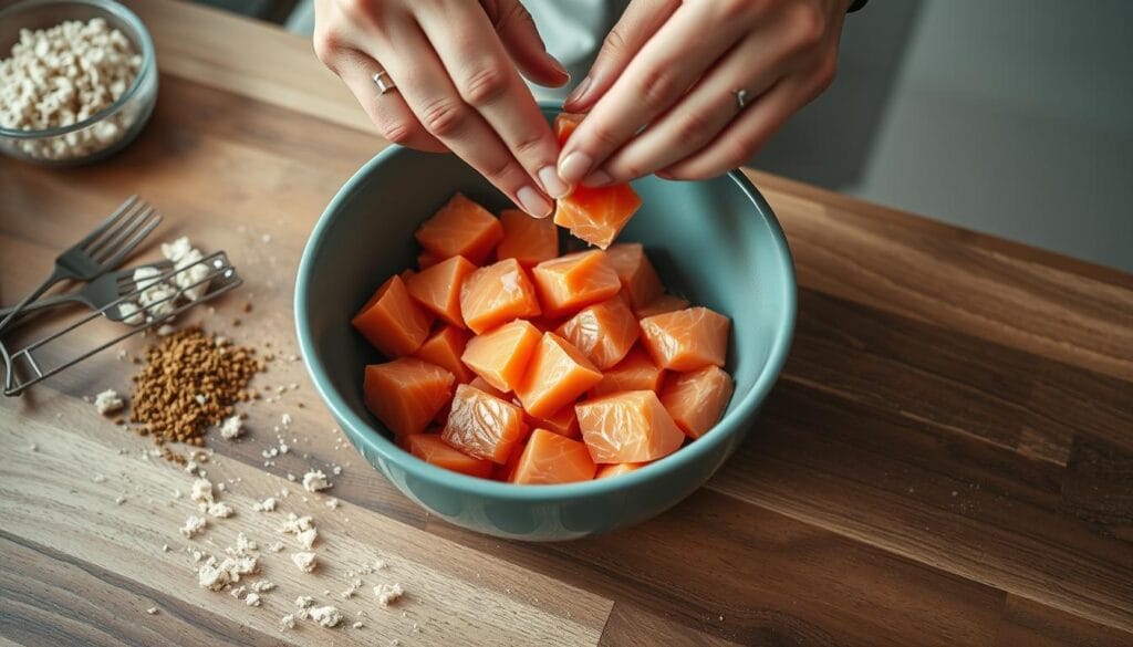 Flaking canned salmon for salmon patties