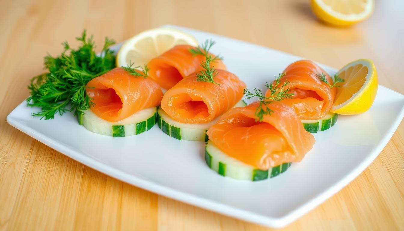 chatelaine smoked salmon roll on cucumber