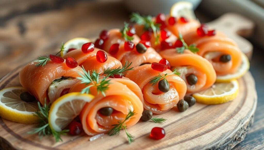 garnishing smoked salmon appetizers